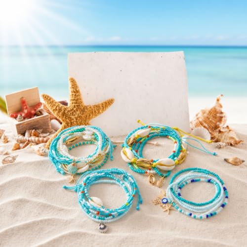 Image of Junkin 22 Pcs 4 Sets Multilayer Beach Anklet Bracelets for Women Boho Bead Seashell Anklets Girls Trip Gift Hawaiian Beach Seashell Starfish Ocean Foot Nautical Jewelry Gifts