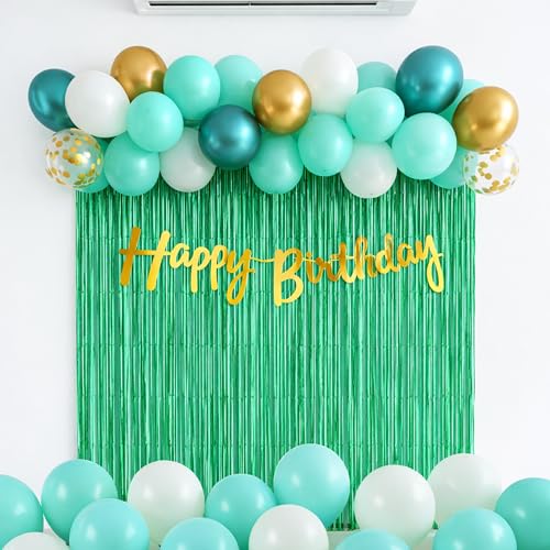 Image of The FOMO Factory 53 Pcs Pastel Green Birthday Decoration Kit | Metallic Confetti Balloon Arch + Large Pastel Green Curtain + HBD Banner | Easy Birthday Decoration, DIY Kids Party Prop (Green53)