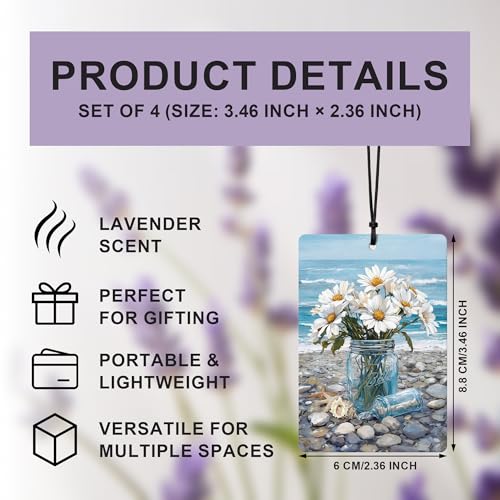 Image of Blue Beach Daisy Floral Chair Pelican Car Air Freshener 4 Pcs, Beachy Coastal Ocean Seaside Hanging Air Freshener for Cars Closet Drawer Books, Girly Car Accessories Mirror Decor for Women