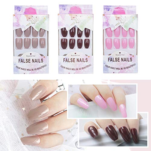 3 Packs x 24 Pcs Coffin Medium Length Press on Nails Short – Glossy Nails, DIY False Nails, Press on Nails Coffin, Press Nails, Fake nails, Nail Art Supplies (Coffee, Belge, Pink)
