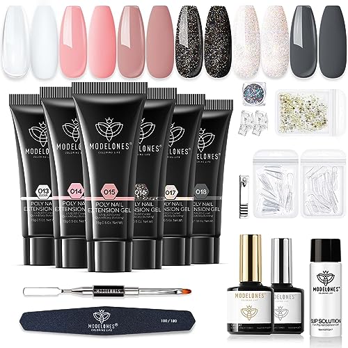 Modelones Polygel Starter Set, 6 Colores Glitter Negra Claro Nude Polygel Set con Base Top Coat Slip Solution Poly Nails Quick Extension Builder Gel Manicura Set para uñas de gel DIY