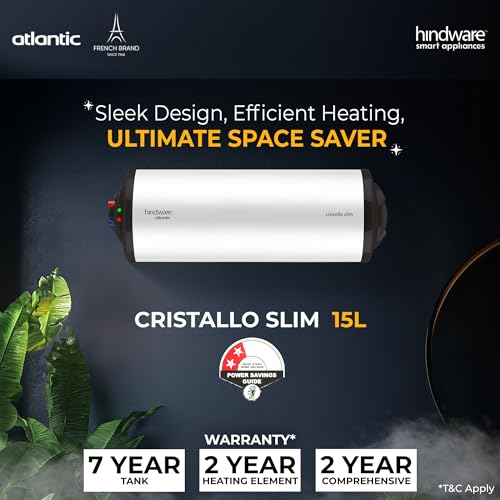 Image of Hindware Atlantic Cristallo Slim 15L Horizontal Storage Heater (Geyser) White, Wall Mounting