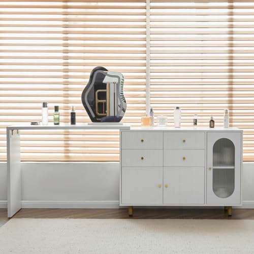 SHUGUANG Mesa Tocador Blanco, Tocador de Maquillaje con Luz LED de 3 Colores, Tocador Maquillaje(Sin Taburete) con 4 Cajón y 4 Puerta del Gabinete, Espejo, Escritorio Retráctil, 100x74.5x40 cm