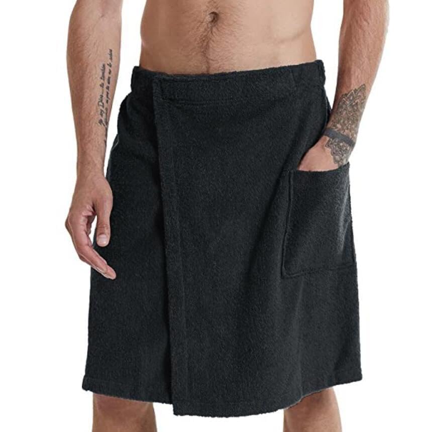 FUNTALE Men Soft Wearable Bath Towel, Men’s Bath Wrap, Coral Fleece Bath Towel,Adjustable Body Wrap Towel for Men (1 PC) (Black-XL)