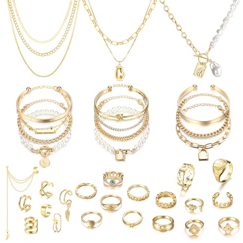 LOLIAS 35 Stück Gold/Silber Schmuckset Mit 3 Stück Anhänger Halskette 11 Stück Geschichtetes Armband 7 Stück Ohrmanschetten Ohrring 14 Stück Knöchelringe Für Damen Mädchen Modeschmuck