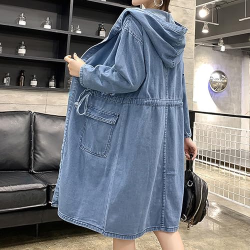 utcoco Womens Mid Long Hooded Jean Jacket Casual Loose Fit Drawstring Denim Jacket Hoodies Open Front Trench Coat4