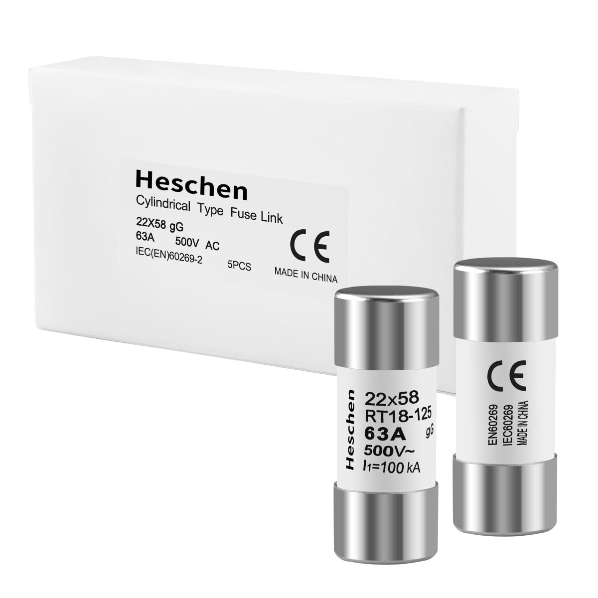 Heschen Eslabón fusible de tubo cerámico cilíndrico, RT18-125(RO17), 22 * 58mm, 63A 500VAC, Tipo gG, 5 Unidades