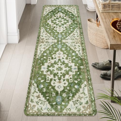 Uphome Vintage Bathroom Runner Rug Sage Green Boho Non-Slip Kitchen Runner Oriental Soft Machine Washable Hallway Rug Tribal Floral Aesthetic Shower Mat for Bedroom Entryway Kids Room, 24x71 inch by Uphome - Used condition - US$37.14