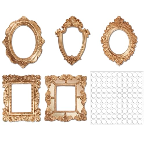 MaehSab 5 Pcs Small Vintage Picture Frames Mini Resin Antique Gothic Gold Baroque Oval & Rectangle...