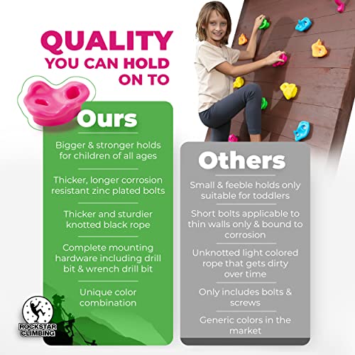 Rockstar Climbing Rock Climbing Holds, Kids Rock Climbing Kit With 25 Wall Grips, 8 Foot Knotted Climbing Rope And 4 Safety Handles, Indoor And Outdoor Play Set For Children Boys Girls #TOP5