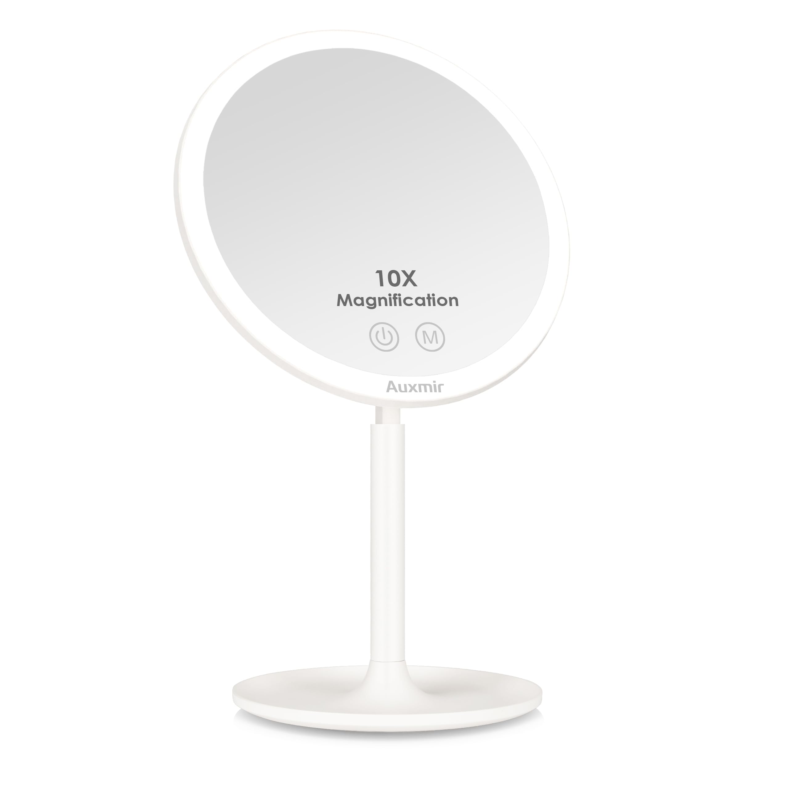 Auxmir Espejo Maquillaje con Luz, 10X Aumento Recargable 2000mAh, Espejo de Mesa Táctil LED, Brillo Ajustable, 3 Colores de Luz, Táctil, con USB, Base Grande para Almacenamiento, 90 Giratorio