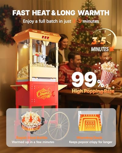 Image of 16oz Commercial Popcorn Machine with Cart, Large Popcorn Maker Machine with Wheels, Movie Theater Pop Corn Machine Stainless-Steel Kettle Makes Up to 80 Cups, Red&Gold