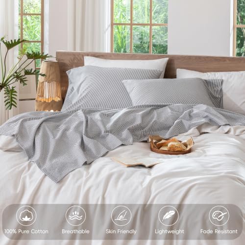 Image of MooMee Striped Sheet Set 100% Washed Cotton Linen Like King