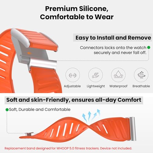 Image of VEMIGON Silicone Sport Band Compatible with Whoop 5.0 One /Peak, Life /MG, Breathable, Adjustable Waterproof Replacement Wristband Strap with Stainless Steel Frame Connector, NOT for Gen 4.0(Band only)