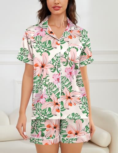Image of SWOMOG Womens Silk Satin Pajamas Set Short Sleeve Sleepwear Button Down Top and Shorts Loungewear 2 Piece Pjs Set XS-3XL