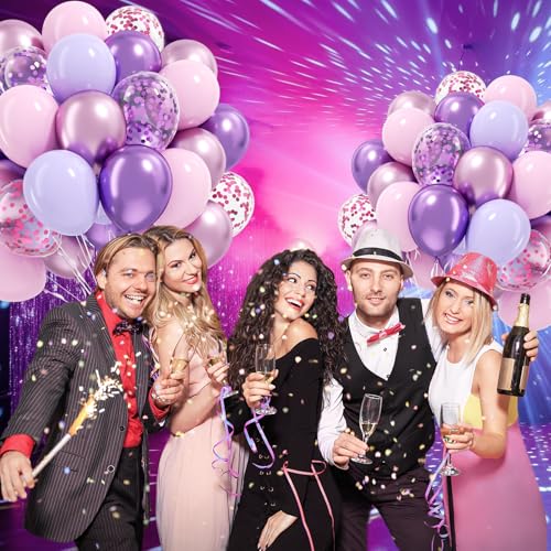 Image of 61pcs Pink and Purple Balloons, 12 Inch Purple Pink Confetti Latex Balloons, Metallic Balloon for Bridal Baby Shower Wedding Women Birthday Party Decorations
