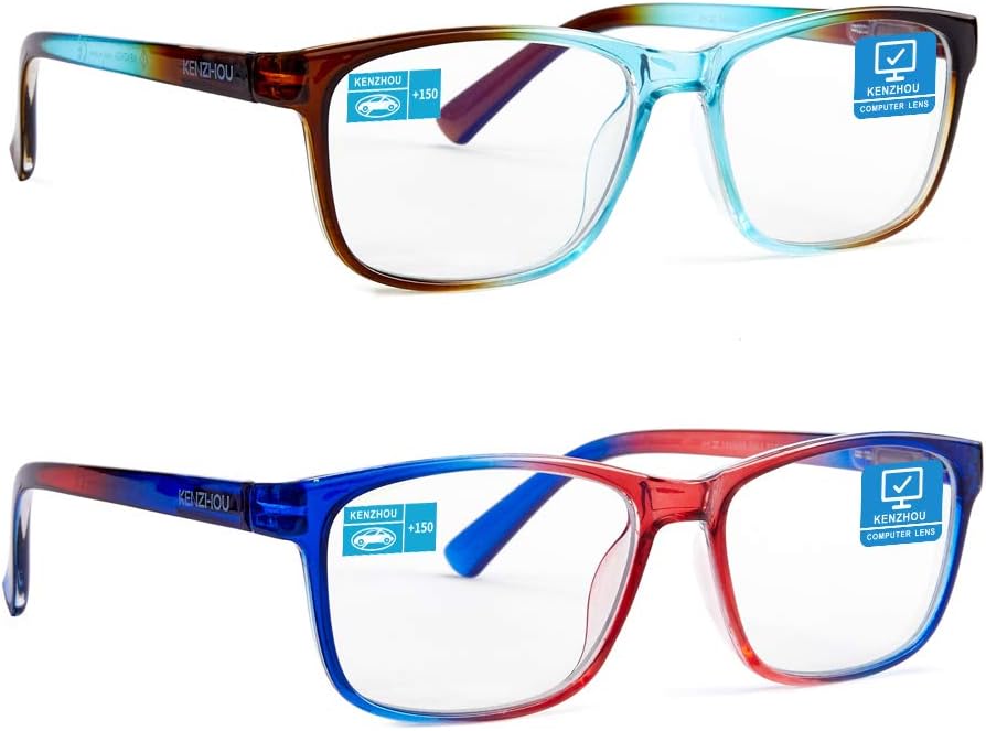 K KENZHOU Progressive Multifocus Wide Square Frame Reading Glasses Blue Light Blocking for Women Men No Line Multifocal Readers
