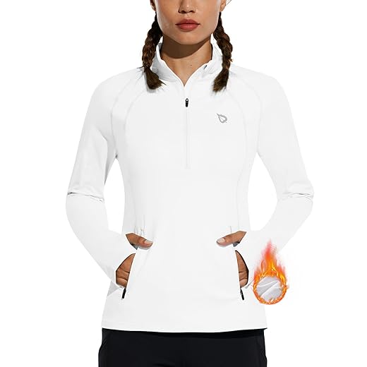 BALEAF Women's Fleece Running Jacket Half-Zip Cold Weather Gear Thermal Shirts Tops Athletic Pullover Workout Winter White Medium