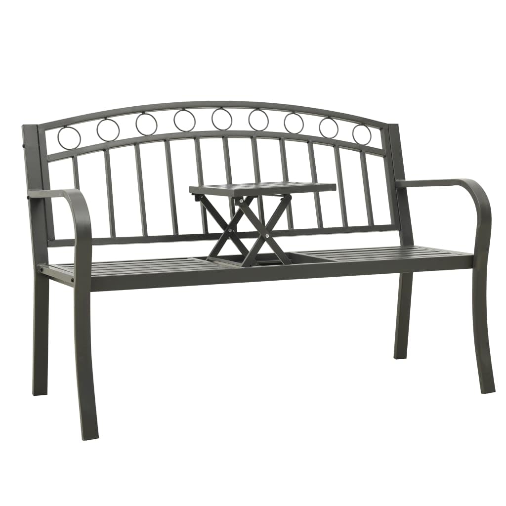 Gartenbank mit Tisch Grau 120 cm Stahl Outdoor Gartenmöbel Set mit Pulverbeschichteter Stahl Gartenbank für Terrasse Balkon Garten, Langlebig Wetterfest Sitzbank mit integriertem Tisch