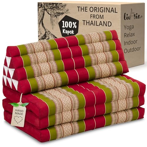 livasia Thai cushion with 3 seat rests for couples - 75x31x3.1″ - XXL, Triangle cushion with folding mattress, Extra wide, kapok, Back support cushion, Thai mat, folding (Red/Green)