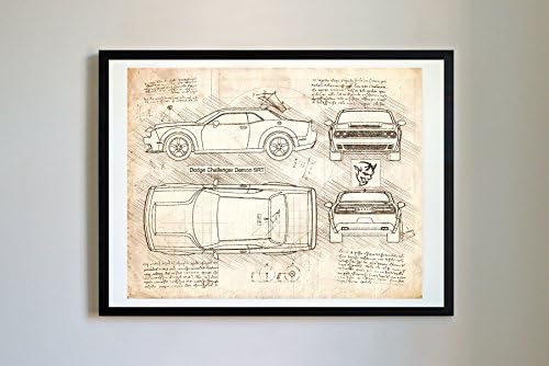#251 Dodge Challenger Demon SRT 2017 Art Print, da Vinci Sketch - Unframed - Multiple Size/Color Options (17x22, Vintage)