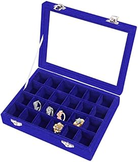 Meshela 24 Section Velvet Glass Jewelry Ring Display Organiser Case Tray Holder Earrings Storage BoxRoyal Blue
