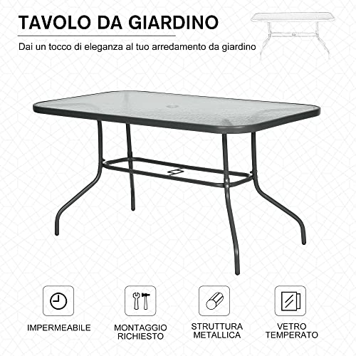 Outsunny Garden Dining Table Glass Top Metal Frame with Parasol Hole Outdoor Balcony Grey 140L x 80Wcm - Image 6