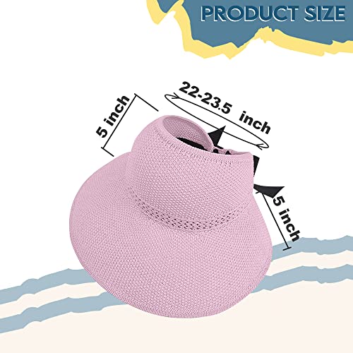 Straw Sun Summer Visor For Women, Female Wide Brim Upf 50+ Uv Protection Hat, Ladies Adjustable Roll Up Messy Bun Ponytail Cap, Foldable Packable Beach Travel Hat, Windproof Chin Strap, Light Pink #TOP5
