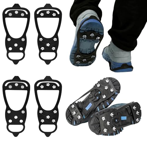 EUIEUT 2 Pares Crampones Nieve Hielo, Grampones para Hielo y Nieve Elasticos con 8 Tacos, Picos para Zapatos de Hielo para Botas y Zapatos, Crampones Antideslizantes para Caminar,Pesca y Montañismo