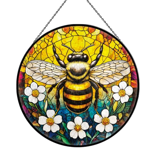 Alien Spaceship Stained Glass Window Hanging, 7.9" UFO Sun Catcher Glass Panel Boho Wall Art Decor, Hand Painted Round Ornament for Friends, Art Lover, Astronomer
