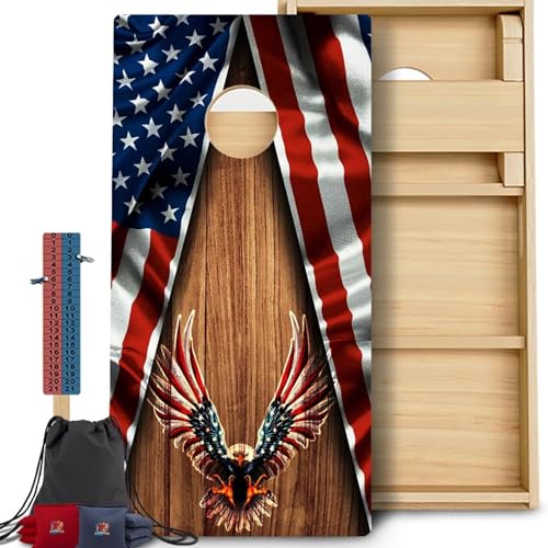 CornholeGamesUSA Pro Cornhole Boards Set | Made in USA | 3/4 Baltic Birch | No Bounce | Triple Thick Legs | Two Brace & Handles, Tournament 2x4 Regulation Set with Score Tower & Cornhole Bags
