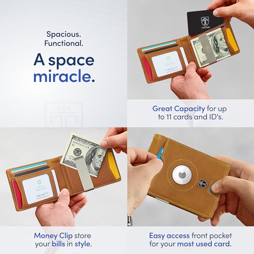 Image of TRAVANDO Money Clip Wallet with AirTag Pocket - RFID Protected Leather Wallet for Men for 11 Cards - including Gift Box (Cognac Brown)