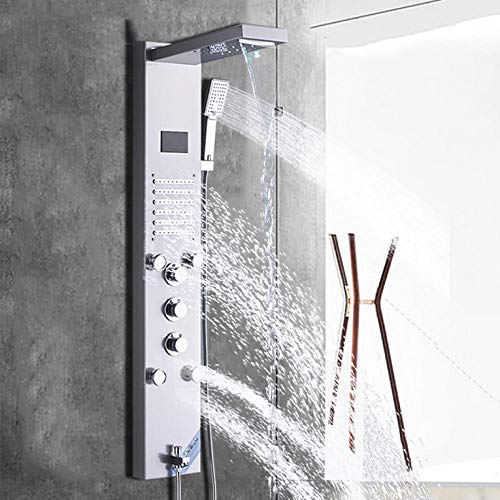 Columna de ducha LED de lujo con efecto cascada, panel de ducha multifuncional con 4 boquillas y pantalla digital miniatura 1