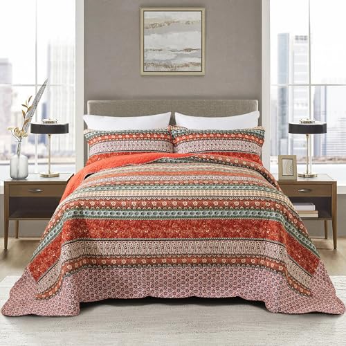 NEWLAKE Cotton Bedspread Quilt Sets - Reversible Patchwork Coverlet Set, Red Striped Jacquard Pattern, California King Size