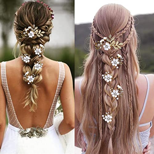 5 Pieces Bridal Flower Wedding Hair Pins Crystal Pearl Hair Pins Clips Headpiece Gold Wedding Hair Accessories Jewelry With Rhinestone For Brides Bridesmaids Women Girls Updo(Pure White Flower) #TOP5
