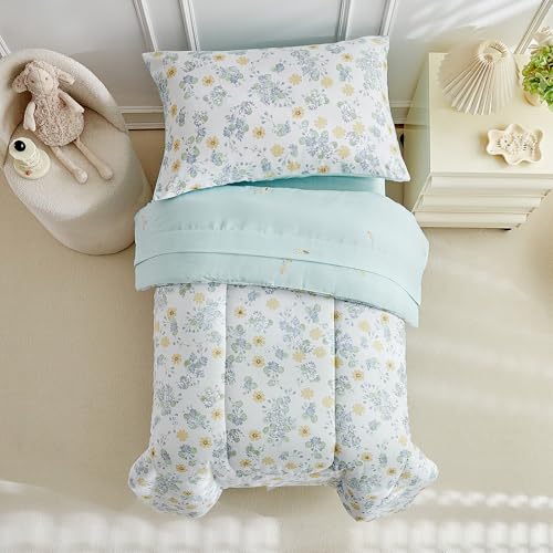 Image of JHXHMX 4 Pieces Toddler Bedding Set,Green Floral Toddler Comforter Sets for Girls,Soft Crib Bed Sheets Set Includes Quilted Comforter,Fitted Sheet,Flat Top Sheet and Envelope Pillowcase