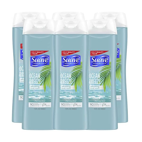 Suave Essentials Body Wash For Hydrated, Smooth Skin Ocean Breeze with Sea Algae Extract and Vitamin E 15 oz, Pack of 6