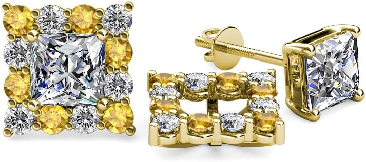 Citrine & Natural Diamond (SI2-I1,G-H) Halo Jacket for Princess Cut Stud Earrings 0.72 ctw 14K Gold
