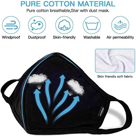 TENQUAN 6 Pcs Black Face Masks Cotton Washable, Black Mask with Wire Nose Earloop Cloth Facemasks Anti Dust Mask with 2 -Layer Breathable Resuable for Cycling Camping Travel Unisex