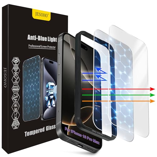 JESOHO Blue Light Screen Protector for iPhone 16 Pro Max(6.9) Eye Protection 3RD Colorless Anti-Blue Light Tempered Glass Films HD Clear 9H Hardness No Bubbles Case Friendly 2 Pack