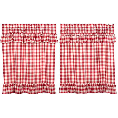 VHC Brands Annie Buffalo Check Cotton Farmhouse Kitchen Curtains Rod Pocket Hanging Loops Ruffling 36×36 Tier Pair Red Country