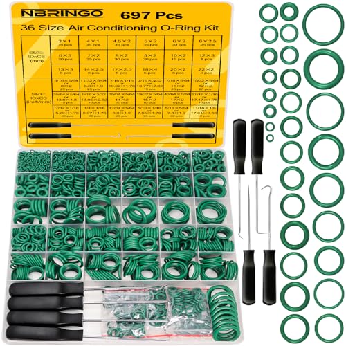 NBRINGO 697 PCS AC O Ring Kit - Metric & SAE Green O-Rings for R12/R134a, with 4 Pick & Hook Tools, Universal Car A/C Seal Kit for Compressor, AC Lines - Automotive Air Conditioning Repair Set