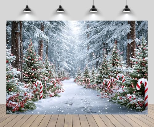 CHNBGPRO 2.1x1.5m Christmas Candy Cane Wonderland Backdrop Snowing Pine Forest Snowflakes Xmas Trees Pathway Background New Year Christmas Eve Party Decoration Portrait Photo Studio Booth Props