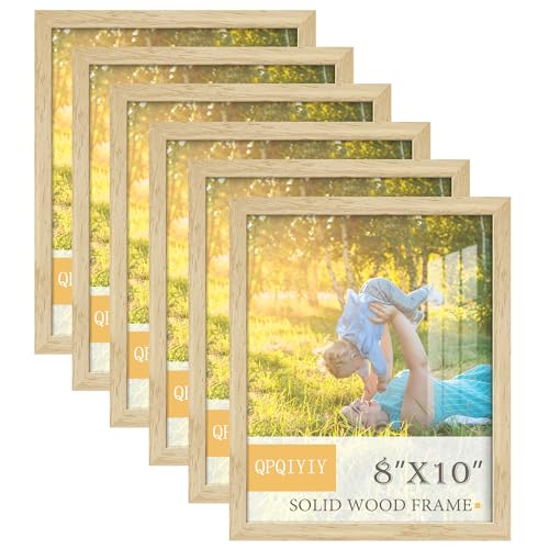QPQIYIY 8x10 Picture Frame Set of 6 100% Solid Wood Photo Frames with HD Shatter-Resistant Plexiglass Wall Hanging & Tabletop Display Natural