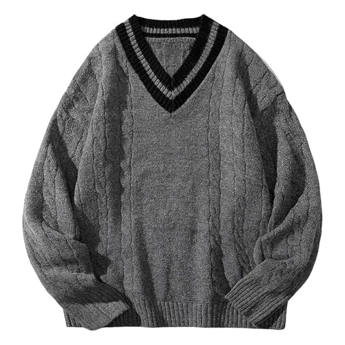Mens Casual Sweater V Neck Color Block Long Sleeve Knitted Pullover Tops Loose Lightweight Warm Outdoor Sport Outwear