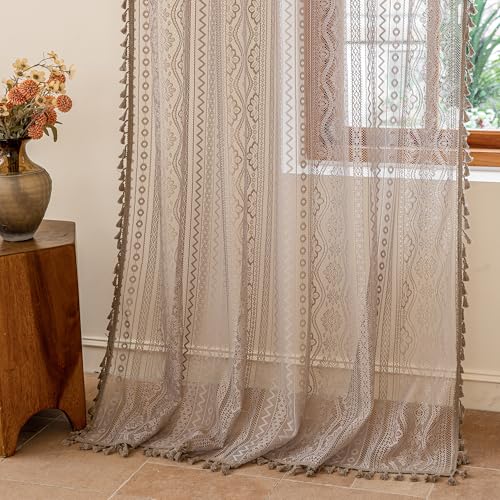 Image of MYSKY HOME Brown Boho Lace Sheer Curtains with Tassels 72 Inch Length 2 Panels Vintage Floral Bohemian Rustic Crochet Geometry Striped Rod Pocket Drapes for Living Room Bedroom, 55 inch Wide