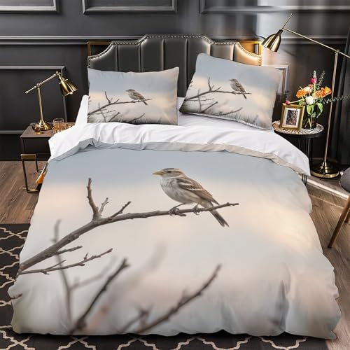 Housse de couette oiseau perché 3D en microfibre anti-décoloration lit double 200x200