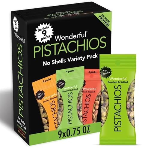 Wonderful Pistachios , No Shell Nuts, Variety Pack (4 bags of Roasted & Salted, 3 bags of Chili Roasted, and 2 bags of Honey Roasted), 9 Count