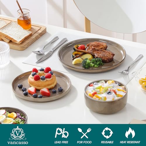 Image of vancasso PLAYA Plates and Bowls Sets, 18 Pieces Dark Brown Dinnerware Sets for Kitchen, Reactive Glaze Dishes Set for 6, Dishwasher and Microwave Safe