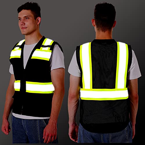 Protectx High Visibility Safety Vest With Reflective Strips, Front Zipper, Multi-Function With 6 Pockets, Lightweight Breathable Construction Vest, Ansi/Isea Certified Class 2, Black - 4X Large #TOP5